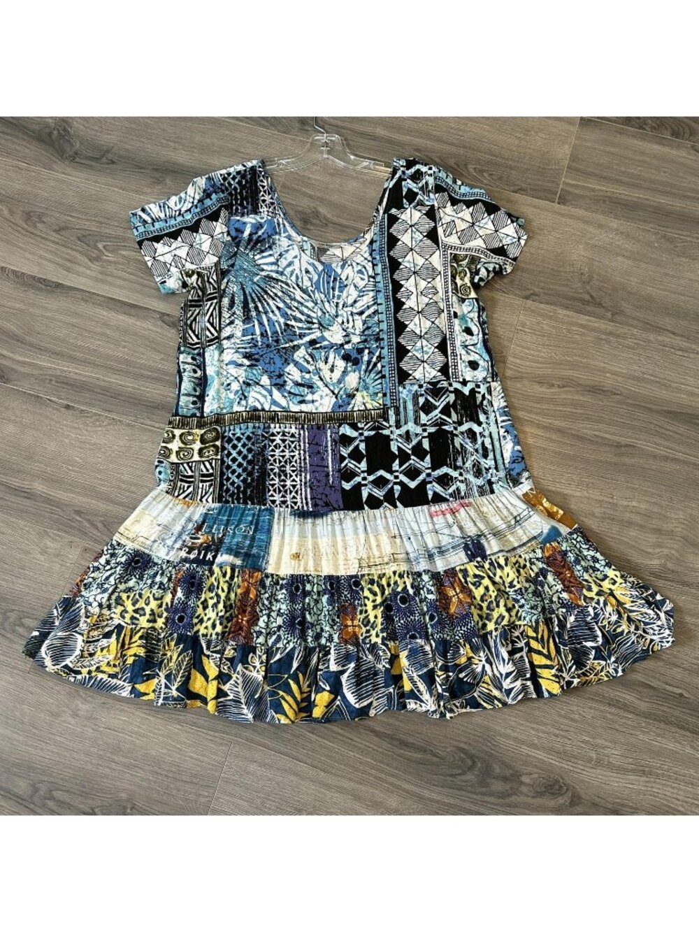 Jams World Dress Womens XL Tahitea Blue Patchwork Ruffle Hem Trapeze Sundress